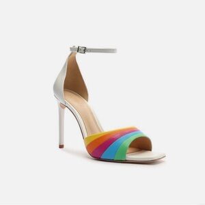 SCHUTZ White Ankle-Strap Stiletto with Rainbow Front Straps